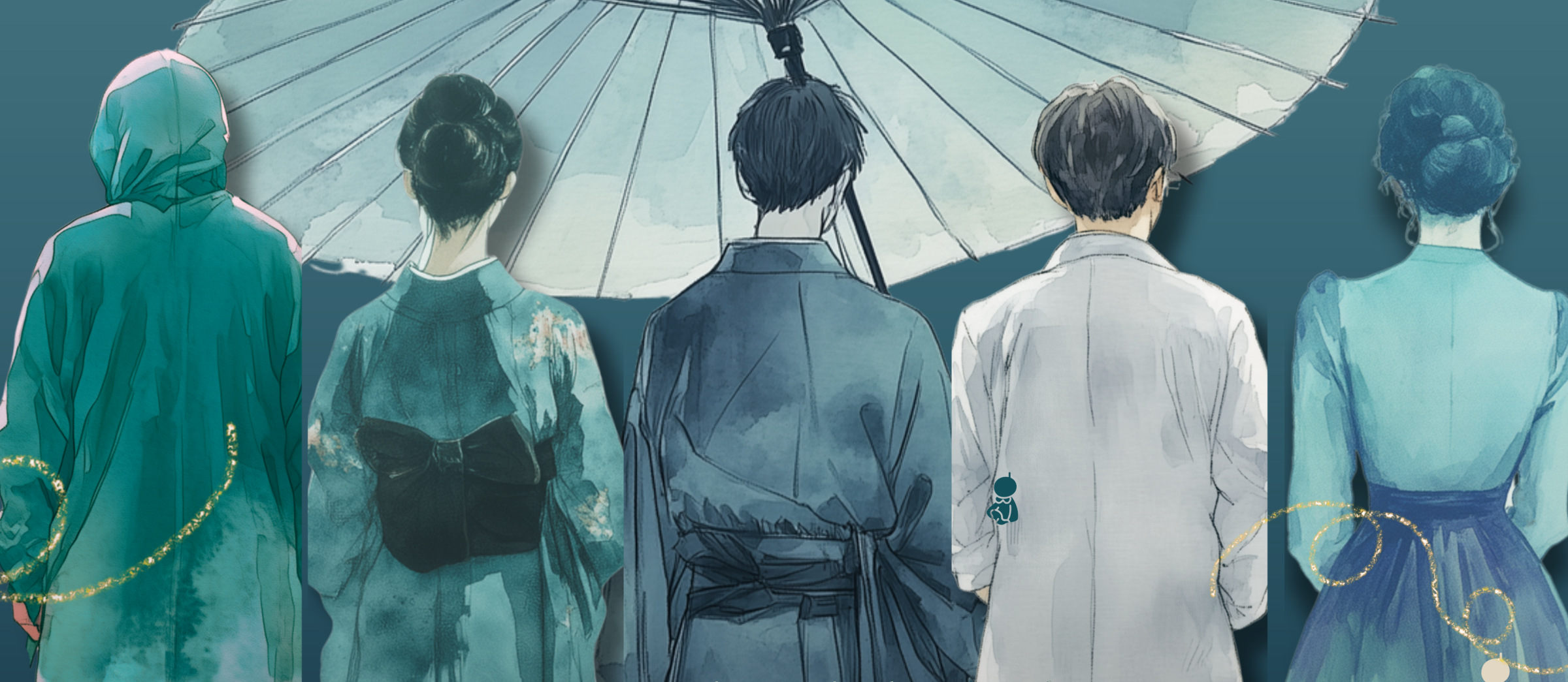 一本の傘の下に集う五人の後ろ姿