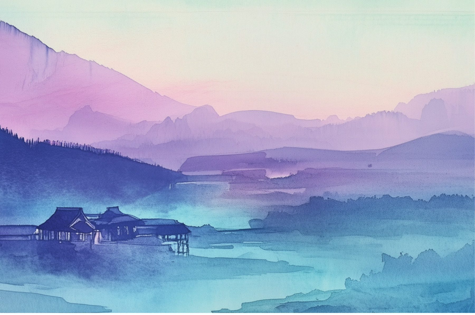 雨に霞む山と湖の水彩画